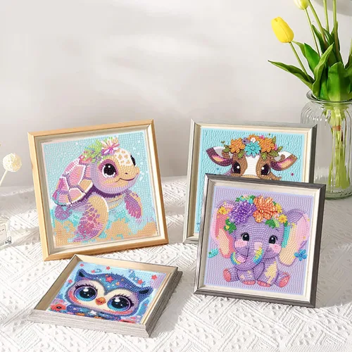 Vista 2 de Acelii Paquete de 6 kits de pintura de diamantes de dibujos animados 5D para niños principiantes, lindos animales, kit de arte de diamantes