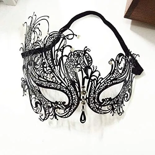 Vista 5 de FaceWood Máscara de mascarada para mujer, máscara de metal ultraligera brillante con diamantes de imitación veneciana, bonita fiesta, noche, baile