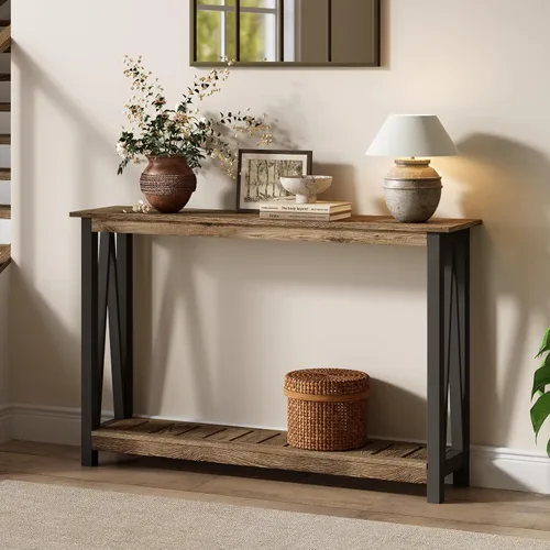 Vista 7 de ChooChoo Mesa de Consola para Entrada, Mesas de Sofá para Sala de Estar Estilo Granja, Mesa Estrecha para Pasillo y Vestíbulo con Estante, Negro