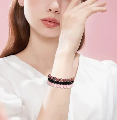Vista 4 de 3 pulseras de cuentas de piedras semipreciosas de 0.315 pulgadas para mujeres y hombres, pulseras de piedra de cristal curativo, pulseras elásticas