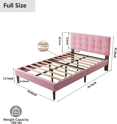 Vista 2 de Lijimei Base de cama de tamaño matrimonial con cabecero, base de cama tapizada con soporte de listones de madera y cabecera de plataforma, base