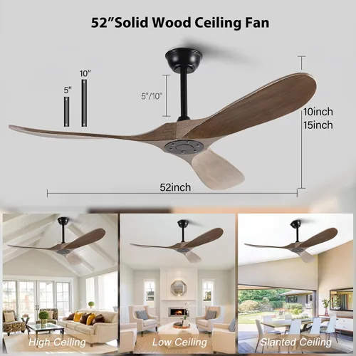 Vista 4 de Ventiladores de techo de 52 pulgadas sin luces, ventilador de techo de madera maciza sin luz con control remoto motor CC para interiores y Gris