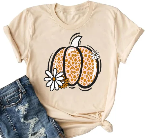 Vista 33 de Woffccrd - Camisetas divertidas con estampado de calabaza y leopardo para mujer, camisetas gráficas de manga corta de Halloween para mujer