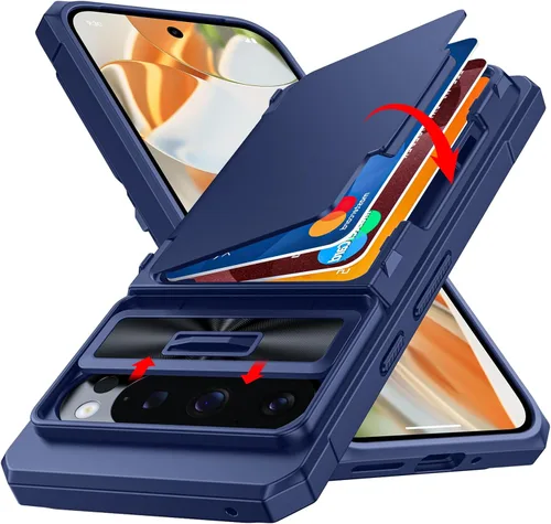 Vista 19 de CENMASO - Funda para Google Pixel 9 Pro XL con tarjetero (4 tarjetas), funda deslizante para cámara y función atril, bloqueo RFID, protección