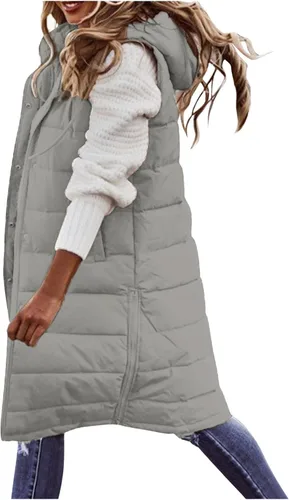 Vista 13 de Chaleco largo para mujer, sin mangas, acolchado, con cremallera, capucha, abrigo de invierno cálido, ligero, con bolsillos
