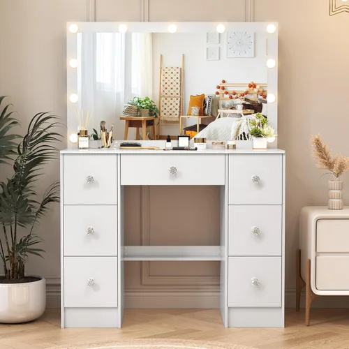 Vista 12 de JBLCC Escritorio de tocador con espejo LED deslizante y luces, juego de tocador blanco con taburete y cajones, brillo de luz de 3 colores ajustable