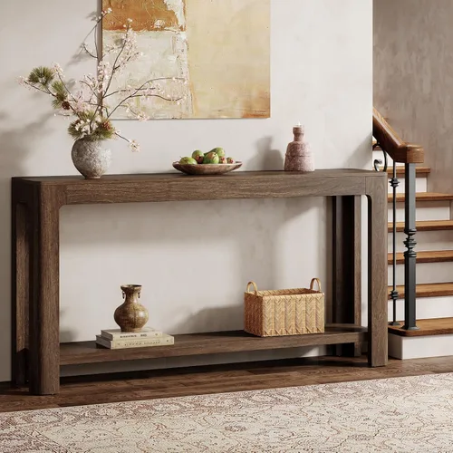 Vista 6 de Tribesigns - Mesa de consola de entrada de 63 pulgadas, mesa de sofá de 2 niveles estilo granja estrecha detrás del sofá, mueble de consola