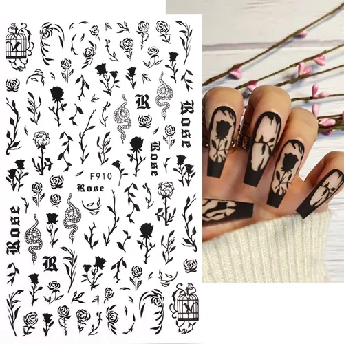 Vista 4 de Calcomanías de uñas autoadhesivas 3D de rosa negra, diseño holográfico de serpiente, sol, estrellas, decoración para mujeres, consejos de manicura