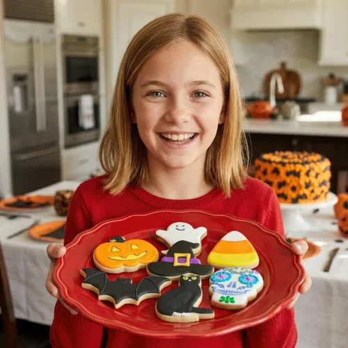 Vista 9 de Juego de 5 cortadores de galletas de Halloween y decoración hechos en Estados Unidos por Ann Clark, calabaza, fantasma, murciélago, naranja y gel