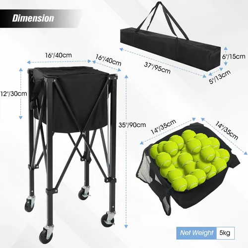 Vista 3 de Tolva portátil para pelotas de tenis con capacidad para 200 bolas, carrito de canasta de pelota de tenis con 4 ruedas y frenos, bolsa de tela Oxford