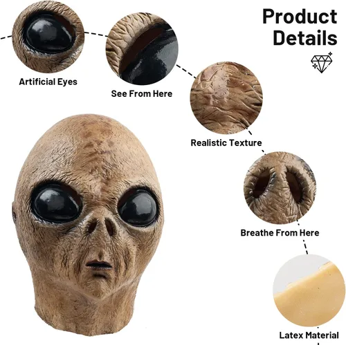Vista 5 de AQKILO Máscara de alienígena de látex biológico extraterrestre de cabeza completa, máscaras realistas para Halloween, carnaval, fiesta de disfraces