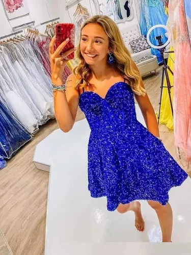 Vista 5 de Xijun Sequin Homecoming Dresses Short for Teens Sparkly Spaghetti Strap Prom Dress Cocktail Party Gown