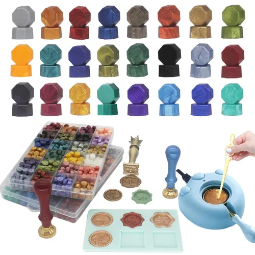 Vista 7 de Kit de sellos de cera con 24 colores, 600 piezas, sello de sellado del árbol de la vida, juego de calentador de sellos de cera eléctrico, molde