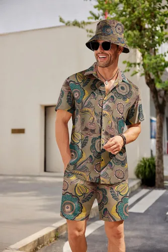 Vista 2 de COOFANDY Conjunto de camisa hawaiana y pantalón corto para hombre, traje de playa de 2 piezas con sombreros de pescador