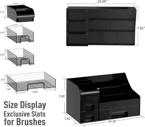 Vista 6 de Organizador de maquillaje extra grande para tocador, organizador de encimera con cajones y soporte para cepillos, organizador de colonia para hombre