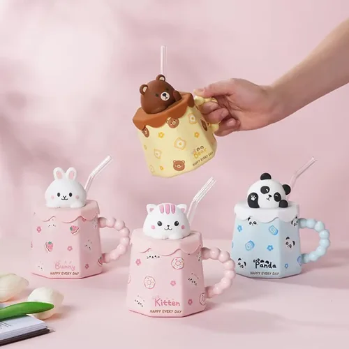 Vista 9 de Taza GawmFoiuy Mark con pajita, taza de cerámica con estampado de animales, 414 ml, tazas de café y té kawaii, tazas de animales divertidas, taza
