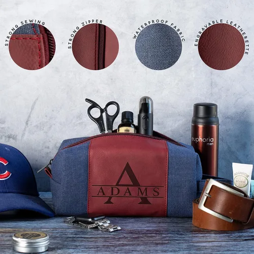 Vista 5 de Neceser para hombre personalizado, grabado con láser inicial y nombre en cuero, 4 colores de lienzo personalizados - Regalo para esposo, papá