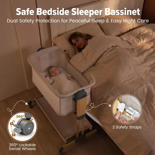 Vista 3 de 3-in-1 Baby Bassinet Bedside Sleeper, Stable Bassinet for Newborns Beige