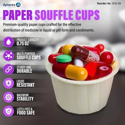 Vista 2 de Dynarex . Vasos desechables de papel para soufflé de 75 onzas, vasos de papel pequeños para pastillas, dispensación de condimentos, muestras