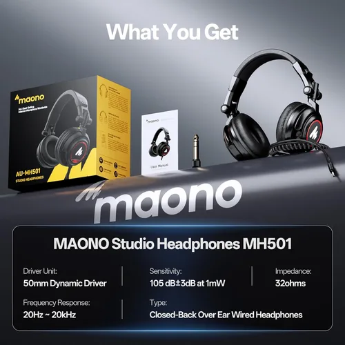 Vista 9 de MAONO Auriculares de estudio con controladores de 50 mm Pro Monitor de estudio, MH501 Auriculares cerrados con cable no desmontable para grabación