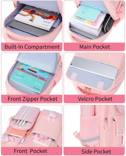 Vista 6 de Mochila Kawaii con 23 piezas de accesorios de anime de dibujos animados antirrobo estética de viaje nuevo semestre bolsa de regalos, Azul, Mediana