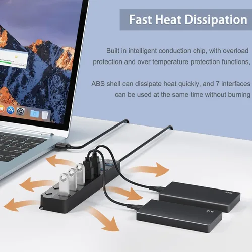 Vista 6 de Hub USB 3.0, divisor de concentrador USB de 7 puertos con interruptores individuales de encendido/apagado y luces compatibles con MacBook, laptop