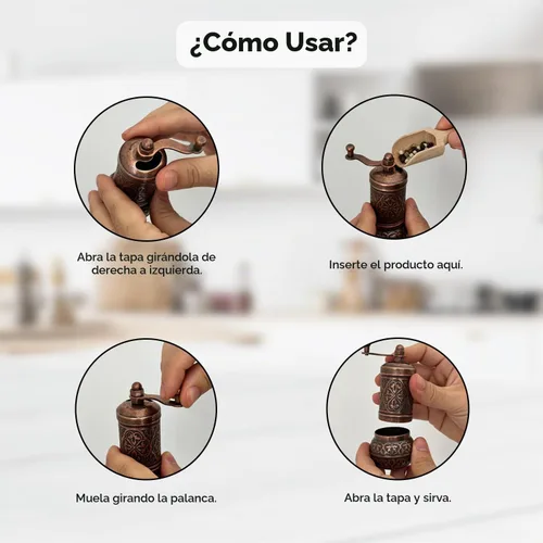 Vista 5 de Molinillo de pimienta negra decorativo hecho a mano, molinillo de especias turco recargable con grosor ajustable, molinillo de pimienta manual