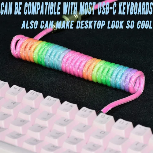 Vista 6 de Cables de teclado trenzados de 1.5 m en espiral tipo C a USB A con conector de aviador desmontable. Para teclado de juegos/tableta (arcoíris)