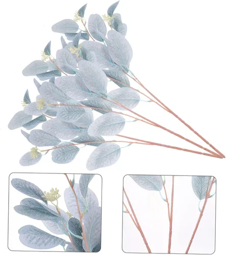 Vista 7 de Cabilock 3 piezas de hojas de eucalipto simuladas, tallos de eucalipto dorados, hojas largas de plata, ramo de hojas de eucalipto artificial, flor