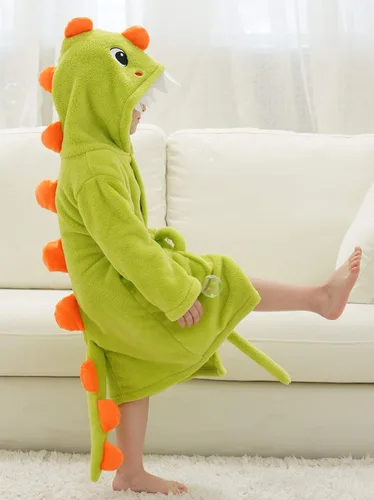 Vista 4 de Bata de baño para niños y niñas, diseño de dinosaurio de dibujos animados con cola y capucha