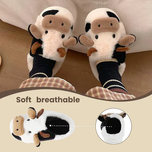 Vista 3 de Pantuflas de vaca para mujeres y hombres, peludas, bonitas, de dibujos animados, cálidas, acogedoras, mullidas, de animales, Kawaie, para interiores