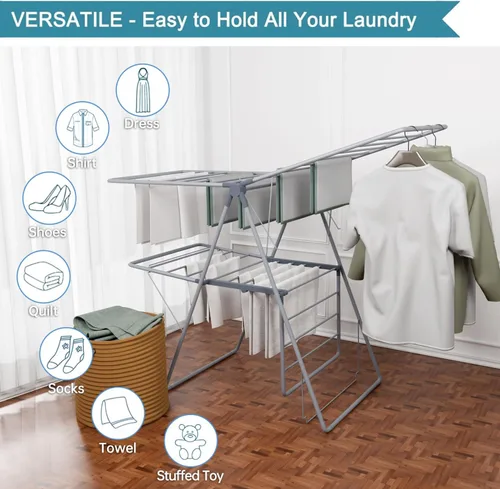 Vista 3 de Clothes Drying Rack Outdoor, Foldable Laundry Drying Rack Heavy Duty, Free-Standing Folding Clothes Hanger with Height-Adjustable Wings, 2 Tier