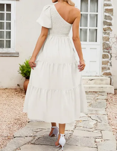 Vista 4 de ZESICA Vestido midi bohemio de verano con un hombro descubierto, manga corta, fruncido, abertura lateral, con volantes