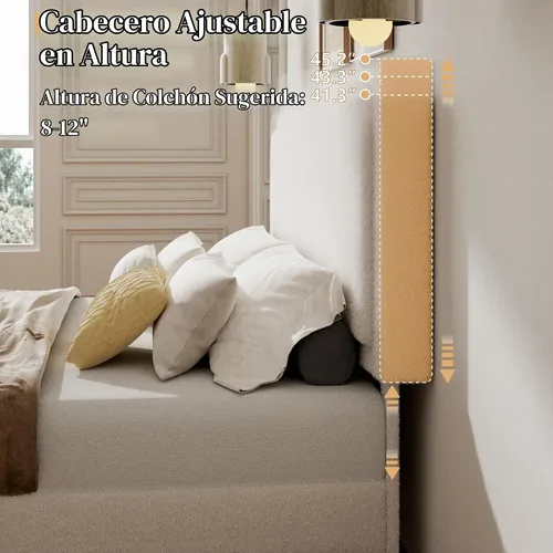 Vista 4 de Base de cama tamaño Queen, plataforma Boucle con cabecera tapizada ajustable, no necesita somier, fácil montaje, color blanco