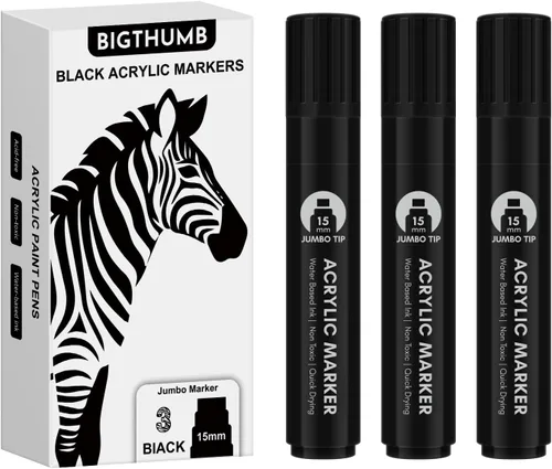 Vista 2 de BIGTHUMB 3 piezas de marcadores permanentes jumbo negros: bolígrafo de pintura acrílica de punta ancha de 15 mm, marcador de caligrafía grande