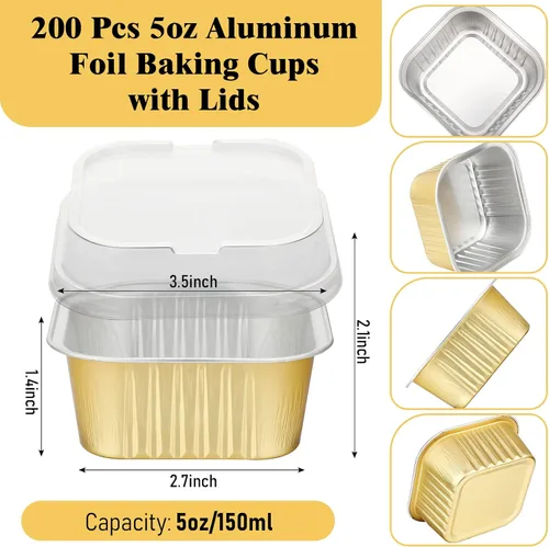 Vista 3 de 200 tazas de papel de aluminio para hornear de 5 onzas con tapas, recipientes de papel de aluminio de 5.1 fl oz para cupcakes, moldes desechables