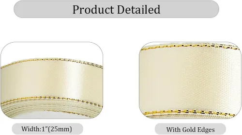Vista 2 de Cintas de satén beige de 1 pulgada x 25 yardas, cinta de tela con bordes dorados para envolver regalos, manualidades, ramos florales, lazos