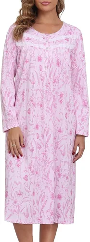 Vista 10 de Camisones largos de algodón para mujer, 100% algodón, vestido de noche de manga larga para mujer, ropa de dormir vintage A rosa