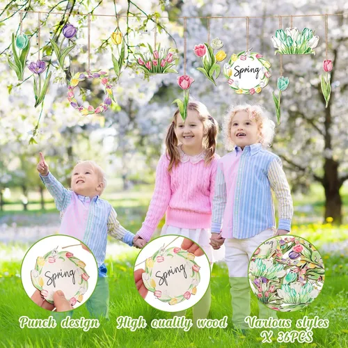 Vista 4 de Wenqik 36 adornos de primavera para árbol, flor de primavera, tulipán, decoraciones de bosque, decoraciones de árbol de Pascua, letrero colgante