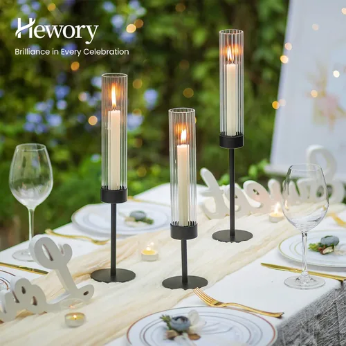 Vista 4 de Hewory Portavelas cónicos negros: juego de portavelas de 3 piezas de vidrio huracán alto para candelabros, portavelas para decoración de mesa