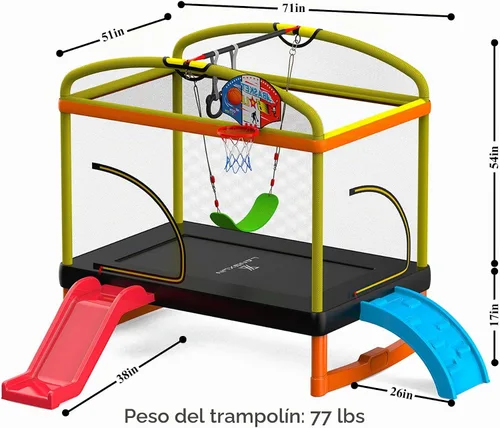 Vista 4 de Trampolín rectangular de 6.5 pies con columpio de baloncesto para escalada al aire libre para niños, trampolines de recreación con red de seguridad