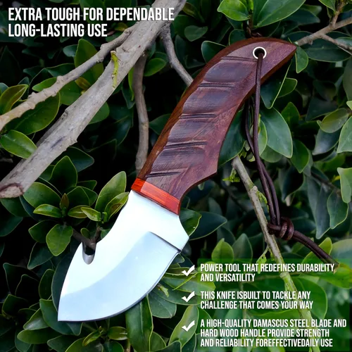 Vista 8 de AR - Cuchillo desollador hecho a mano de 7 pulgadas con gancho intestinal, cuchillo de caza de alta calidad, cuchillos hechos a mano