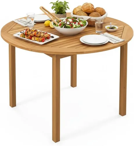 Vista 12 de Tangkula Mesa de comedor rectangular para exteriores, mesa de madera de acacia con agujero para sombrilla de 2 pulgadas, amplia mesa de listones