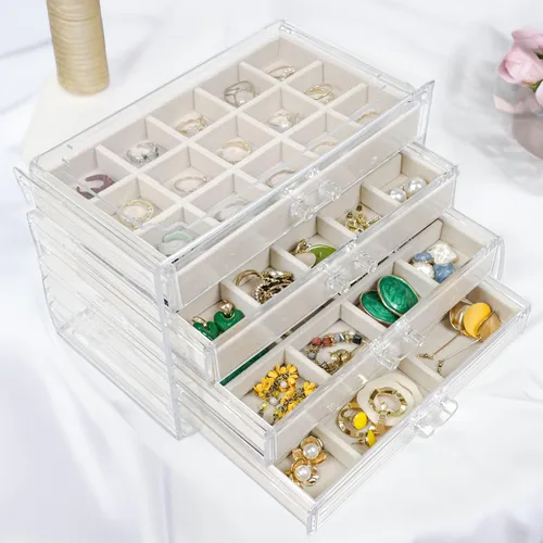 Vista 3 de Togous Organizador de aretes con 4 cajones, organizador de joyas de acrílico transparente para aretes, anillos, pulseras, bandejas de terciopelo