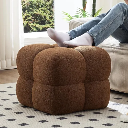 Vista 13 de ONEVOG Otomana moderna beige, puf otomana cuadrado divertido de 21 pulgadas, reposapiés tapizado de tela de lino, mesa de centro pequeña