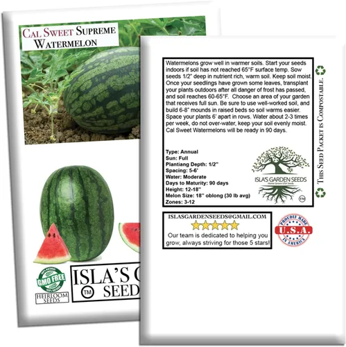 Vista 7 de Cal Sweet Supreme - Semillas de sandía (Citrullus lanatus, tipo Icebox) – Más de 125 semillas sin OMG y reliquias de Isla's Garden Seeds, carne roja