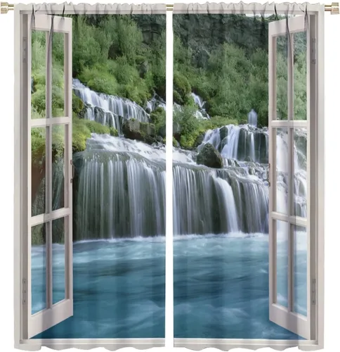 Vista 83 de Cortina opaca de bosque de verano, diseño de ramas de bosque, con bolsillo para barra, cortinas farbic con bolsillo para barra, comedor, cafetería