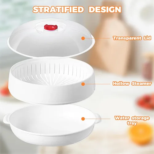 Vista 5 de Vaporizador de verduras para microondas para cocinar, vaporizador de microondas con tapa, sin BPA (doble capa)