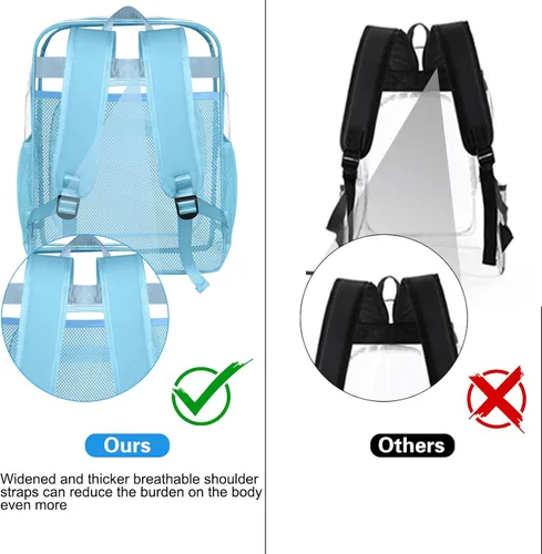 Vista 4 de Mochila transparente, de forma resistente, resistente, grande, transparente, informal, para estadio, trabajo, viajes, Azul, Grande, Transparente