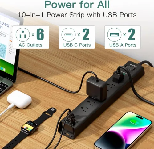 Vista 2 de Addtam Power Strip Surge Protector with 6 AC Outlets 4 USB Ports (2 USB-C), Flat Plug Extension Cord 5ft, Multi Outlet Extender, Wall Mount Desk